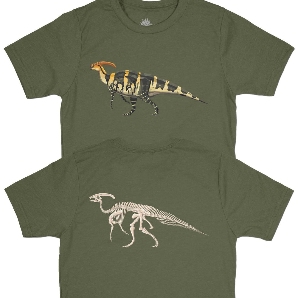 Parasaurolophus Fossil Fusion™ Kids Dinosaur T-Shirt Military Green - Permia